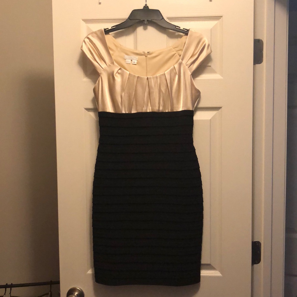Black and champagne cocktail dress